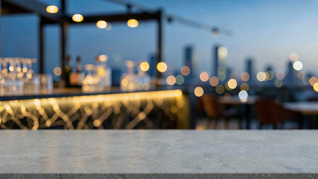 Honed Grey Concrete Table Surface on Sophisticated Open Air Rooftop Bar with Backlit Onyx Counter Lu
