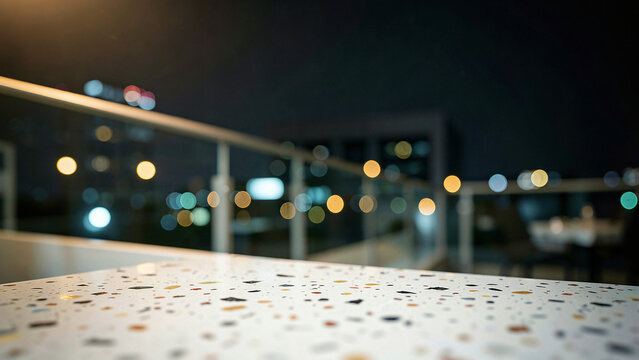 Terrazzo Tabletop With Embedded Marble Flecks on Modern Penthouse Balcony Bar with Glass Railings Lu