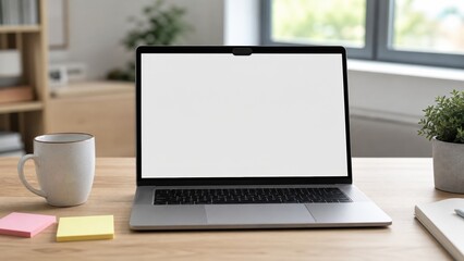 Fototapeta premium Laptop sits on a wooden desk with empty screen, coffee cup, sticky notes, and a plant beside it in a bright room