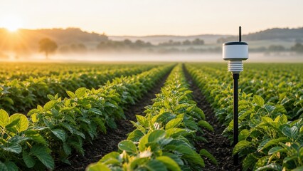 Fototapeta premium Sensors monitor plant growth in a field during sunrise near a quaint rural landscape