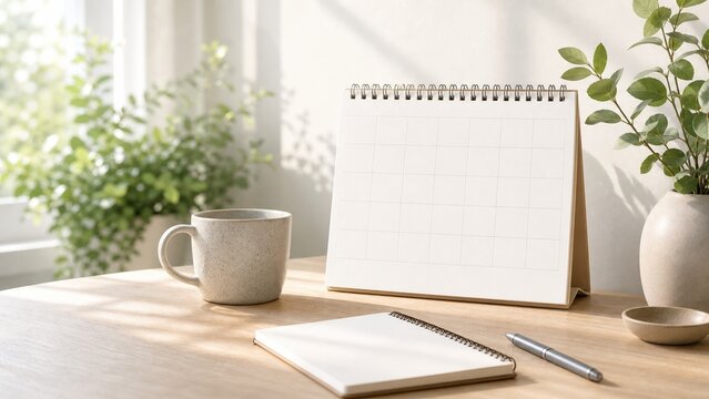 Blank calendar and notepad on wooden table with coffee mug and plants in sunlight during morning hours