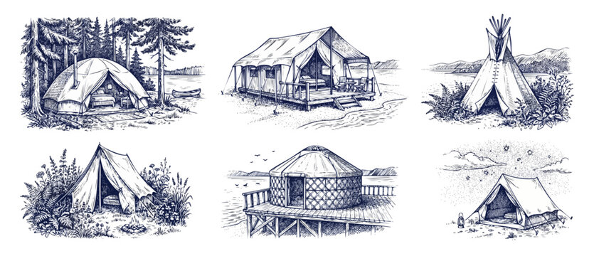 Camping tent sketches vector set featuring glamping dome, luxury canvas cabin, safari teepee, classic A-frame with campfire, traditional yurt, and night starry sky camp icons in vintage ink style.