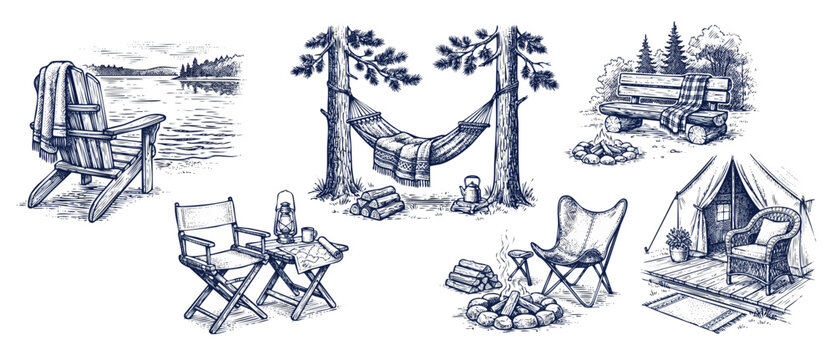Camping vector illustration clip art set featuring cozy outdoor glamping scenes, hand drawn sketchy adirondack chair, forest hammock between pine trees, bonfire campfire, and canvas safari tent.