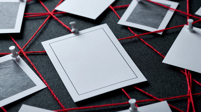 Blank photos pinned on a detective board create a mysterious puzzle scene