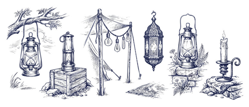 Vintage lantern sketch engraving set of rustic camping oil lamps, candle holder, hanging Moroccan lantern, and outdoor string lights illustration for retro adventure and cozy design graphics.
