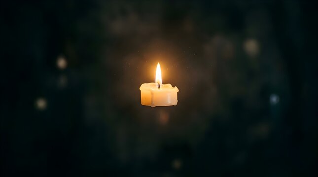A single small white candle burning with a warm glowing flame in a dark and moody night atmosphere
