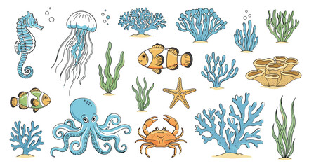 Obraz premium Cute Seamless Vector Pattern of Sea Animals with Fish, Flowers, Butterflies and Nature Elements