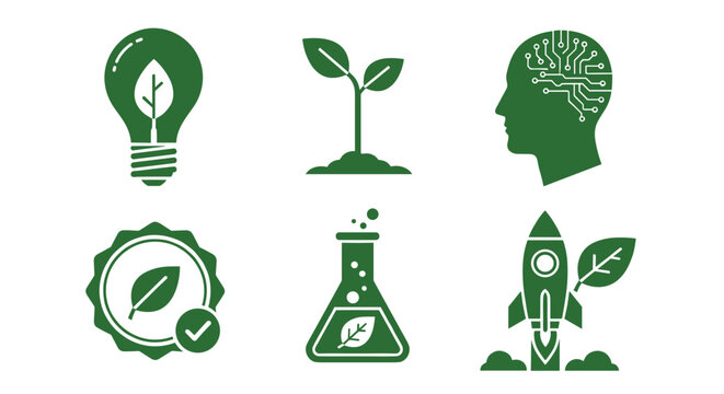 Green Eco Icon Set Featuring Energy Saving Light Bulbs, Leaves, Trees, Recycling, and Environmental Symbols