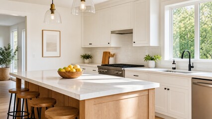 Obraz premium Modern kitchen with a large island and natural light in a home located in a residential area, featuring fresh fruits in a bowl