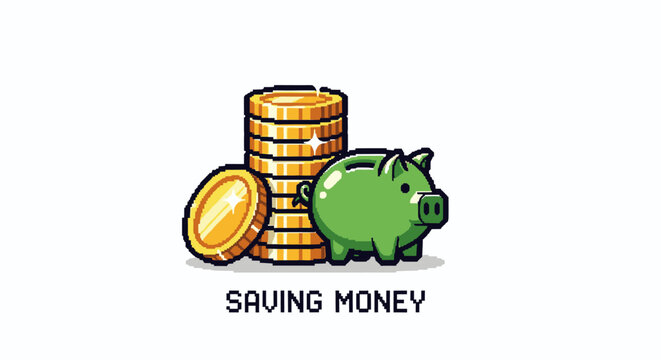 Green piggy bank with stacked coins.