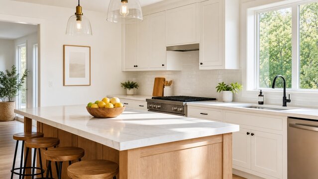 Modern kitchen with a large island and natural light in a home located in a residential area, featuring fresh fruits in a bowl