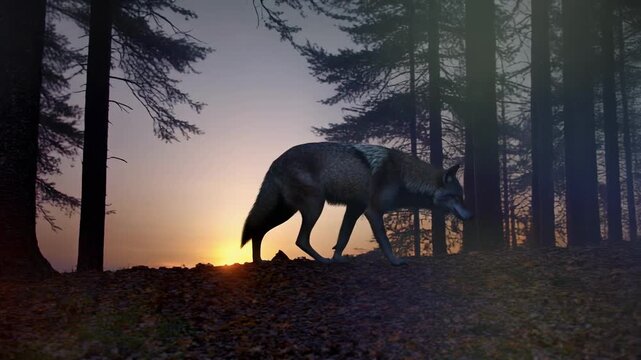 Elephant family walking through lush forest at dusk