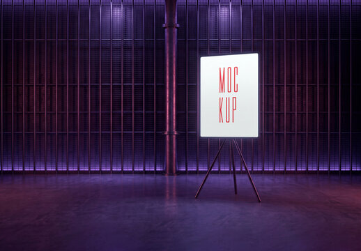 Eye-level perspective view of a vertical poster mockup on a metallic tripod stand in a dark cyberpunk industrial room with neon purple backlight grid walls