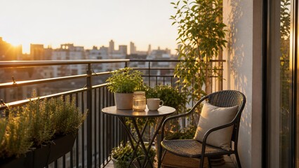 Obraz premium Sunset view from a balcony with plants, a chair, and a table near a city skyline in the evening