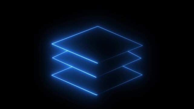 White neon animated layers icon representing stacked levels, layout structure, UI UX elements, design workflow and digital interface. Perfect for motion graphics, app UI, web design, 4k motion video.