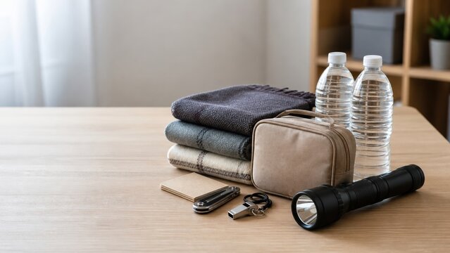 Preparing for an outdoor adventure with essentials like water, snacks, and gear on a wooden table before heading out