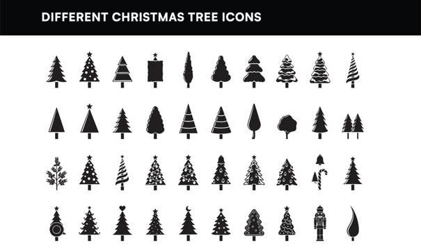 Christmas tree icons flat black silhouette vector set different pine tree shapes collection
