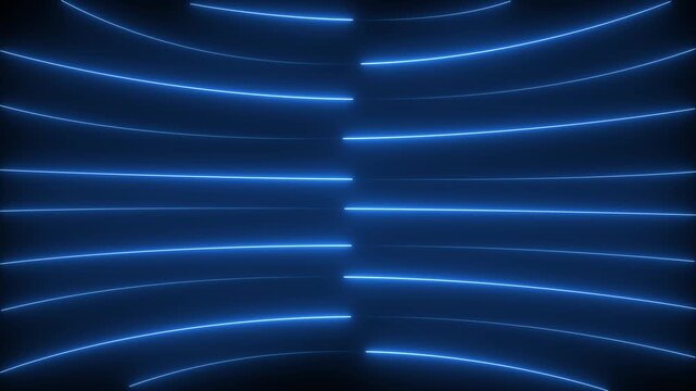 Futuristic abstract neon blue curved light lines flowing across a dark background. Glowing wave patterns create a dynamic technology-inspired motion design, ideal for digital presentations.4k video
