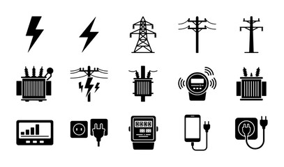 Fototapeta premium Electricity and power grid icon set, 15 black vector symbols of energy infrastructure, electrical utility and smart meter icons for industrial design