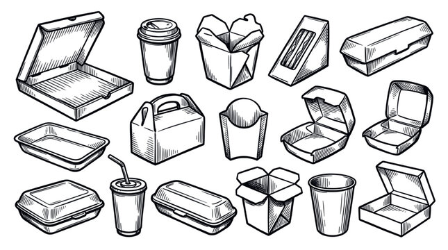 Various hand-drawn takeaway food containers and drink cups are arranged on a clean white background in a vintage sketch style