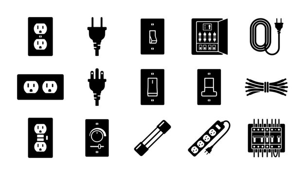 Electrical outlet and power supply icon set, 15 black vector icons of light switches and plugs, home wiring and electricity components