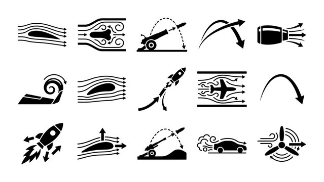 Aerodynamics and ballistics icon set, 15 physics vector symbols of airflow and projectile motion, black fluid dynamics and aviation engineering signs