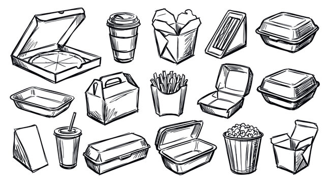 Various hand-drawn fast food containers and disposable packaging in a sketch style, isolated on a clean white background