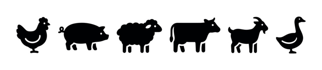 Obraz premium Diverse collection of black farm animal silhouettes, including a chicken, pig, sheep, cow, goat, and goose, arranged horizontally on a clean white background