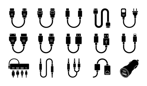 Computer cable icons set, black silhouette electronic connector vector collection, USB and HDMI hardware plug symbols for technology design