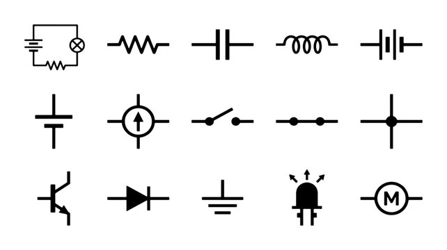 Electronic circuit symbols set, 15 black vector icons for electrical engineering. Schematic diagram elements including resistor, capacitor, and diode. Minimalist physics icons.