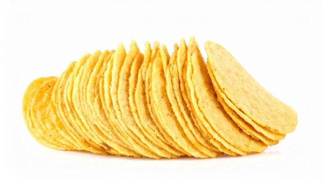 Pile of crisp yellow corn tortilla chips on white background, overlapping layers with textured surface, evoking casual snacking and Mexican cuisine appeal.