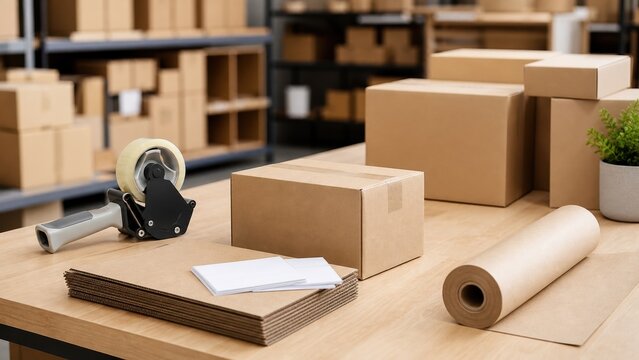 Boxes and packing tools on a table in a storage room with items ready for shipping during daytime hours