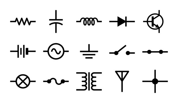 Electronic circuit symbols set, 15 black line icons of electrical components, schematic diagram elements for engineering and physics education