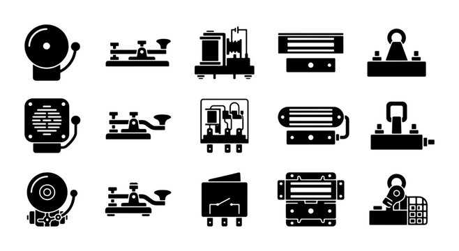 Vintage electromagnetism and telegraph icons set, 15 black solid vector symbols of morse code keys, electric bells, relays and industrial magnets