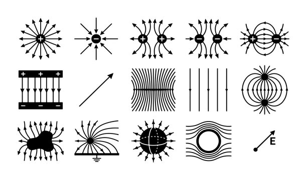 Scientific electric field line diagrams, physics magnetic force vector set, educational electromagnetism icons for school textbooks and lab manuals