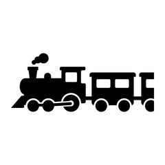 Vintage steam train silhouette vector, classic locomotive with passenger wagons, black railway engine icon on white background © Nadia