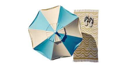 Isolated top-down shot of blue and beige beach umbrella, wavy towel, and flip-flops © Conor