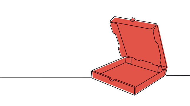 Single continuous line drawing of an open red pizza box with a black outline on a clean white background