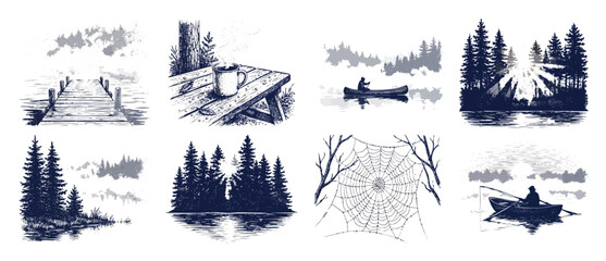 Obraz premium Wilderness camping engraving illustration set featuring rustic outdoor scenes of a lake dock, coffee cup, canoe, forest sunrise, fishing boat, and spiderweb in a vintage hand drawn sketch design.