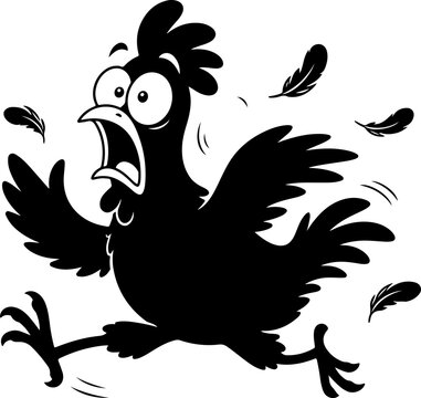 Silhouette Scared chicken running away with flying feathers silhouette isolated on transparent layer.