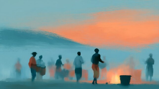 Dusk scene with people walking toward fiery sunset