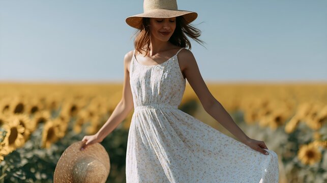 Happy woman strolls among sunflowers in a bright summer field