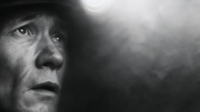 Man's intense gaze against soft light