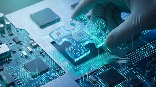 A gloved hand inserts a glowing puzzle piece into a complex computer motherboard circuit board.