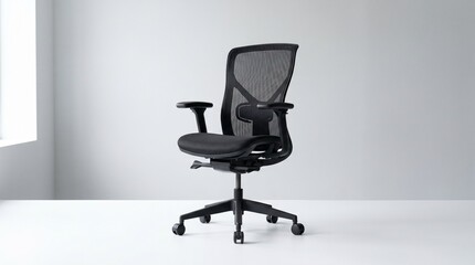 Fototapeta premium Modern ergonomic office chair with black mesh backrest and seat, adjustable armrests, and fivestar base with casters, isolated on white background