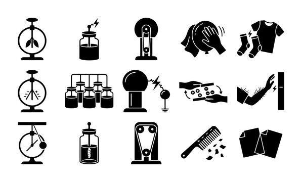 Static electricity physics icons set, 15 black vector symbols of electrostatics and friction, scientific laboratory equipment and educational diagrams