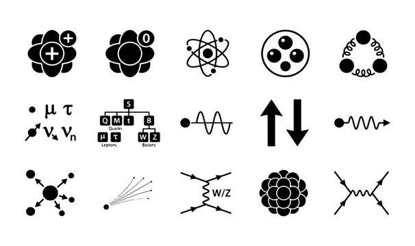 Quantum physics icons set, particle physics symbols and atomic structure diagrams. 15 black vector icons for nuclear science and education