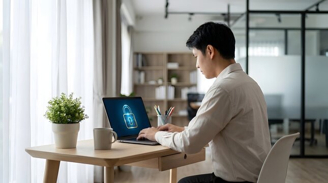 A person sitting at a desk working on a laptop that displays a glowing blue security padlock icon.