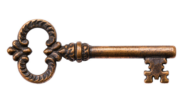 Isolated antique skeleton key with ornate design and classic shape, vintage security item