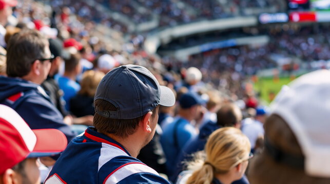 Eager Fans Cheering in a Packed Stadium Grandstand with Colorful Team Apparel, Creating an Electric Atmosphere of Excitement and Unity